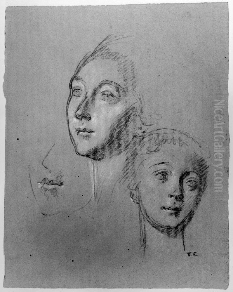 Tre ansiktsstudier av ung kvinna Oil Painting by Thomas Couture