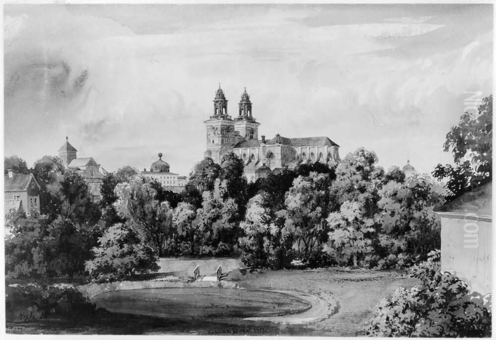 Uppsala domkyrka med omgivning fran soder Oil Painting by Fredrik Wilhelm Scholander
