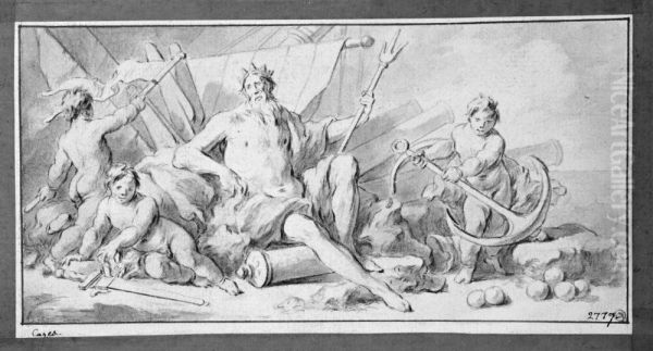Neptun med tre putti Oil Painting by Pierre-Jacques Cazes