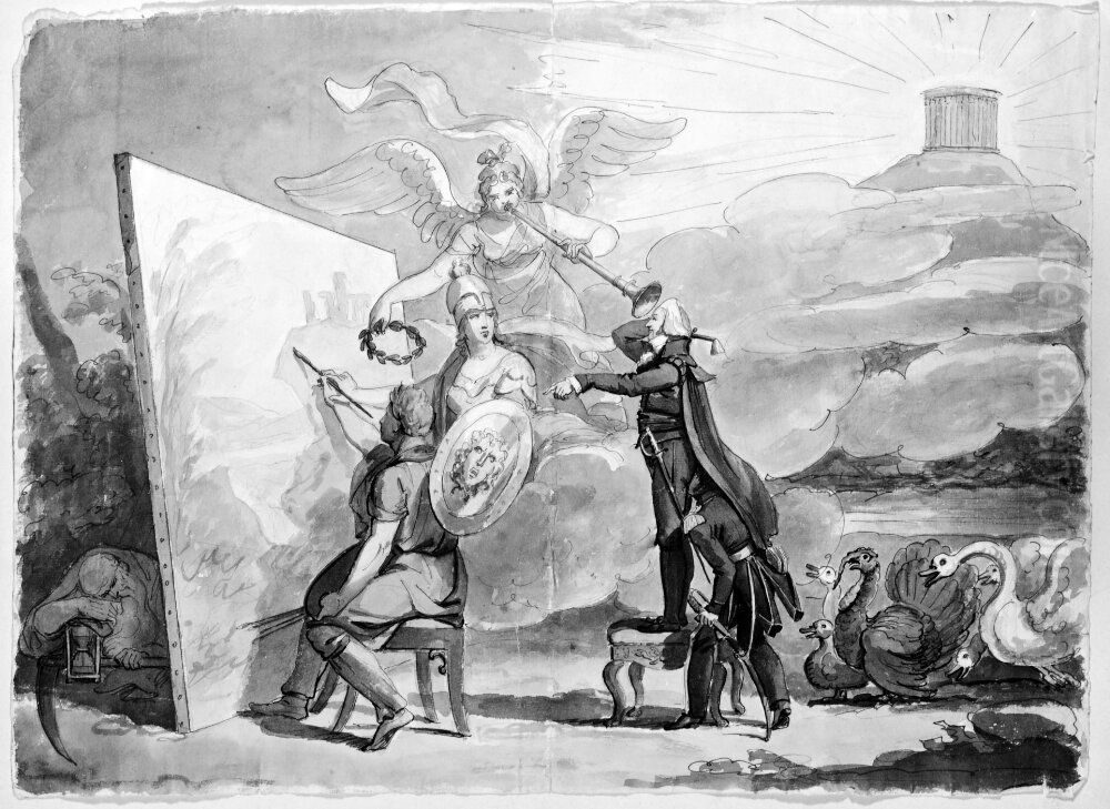 Satir. Akademins preses Fr.S. Silverstolpe ger order om lagerkransningen Oil Painting by Johan Gustaf Sandberg