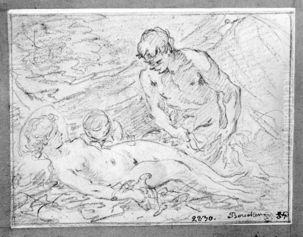 Venus, Amor och en satyr Oil Painting by Francois Boucher