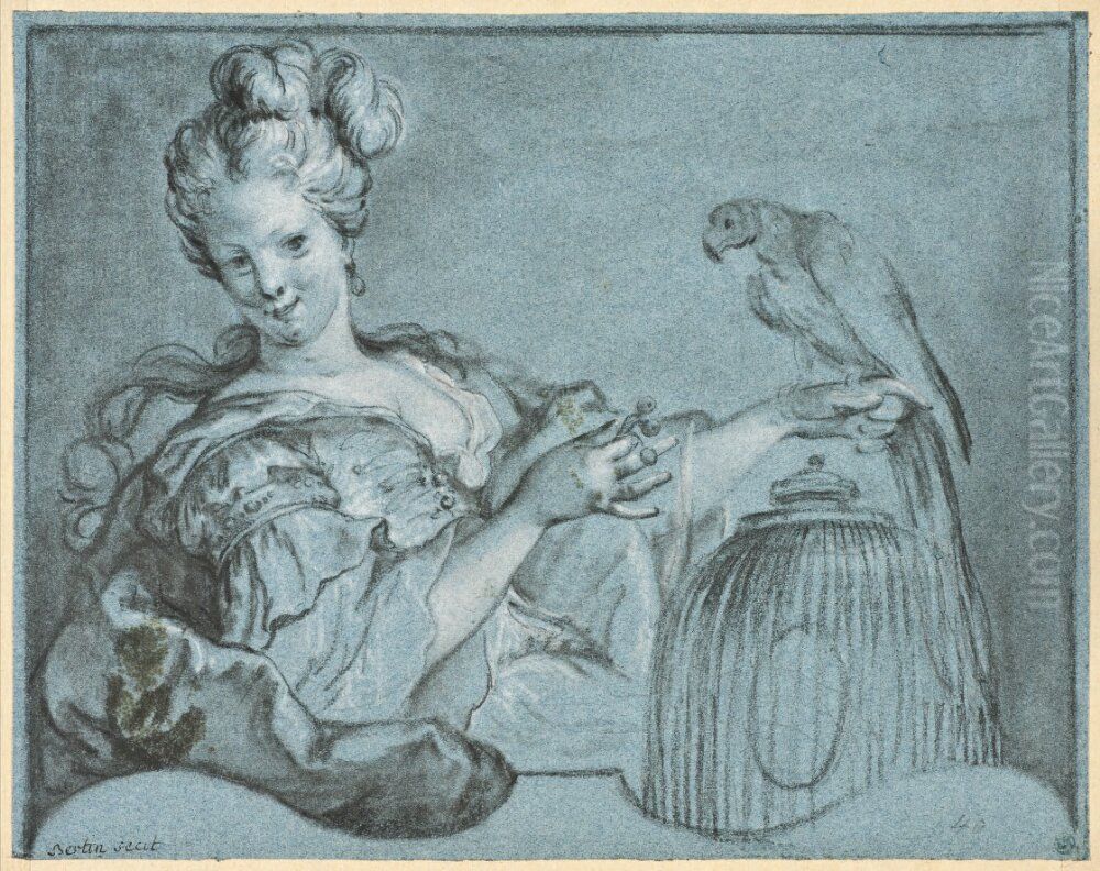Lady with a Parrot (Sight) Oil Painting by Nicolas Bertin