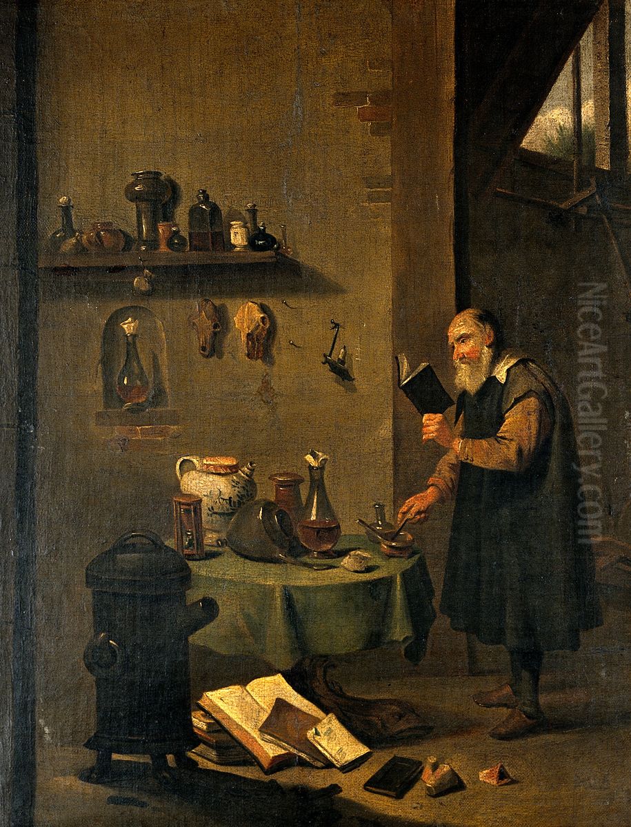 An alchemist in his laboratory. Oil Painting by David Teniers the Younger