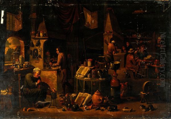 An alchemist in his laboratory. Oil Painting by David Teniers the Younger