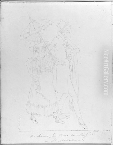 Gaende man och kvinna, helfigur. Ingar i skissbok innehallande 30 blad med italienska folklivsscener Oil Painting by Carl Jacob Lindstrom