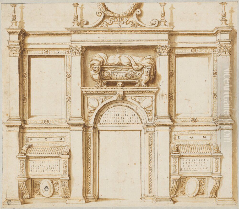 Entrance Wall of a Church with Three Tombs Oil Painting by Giulio Romano (Orbetto)
