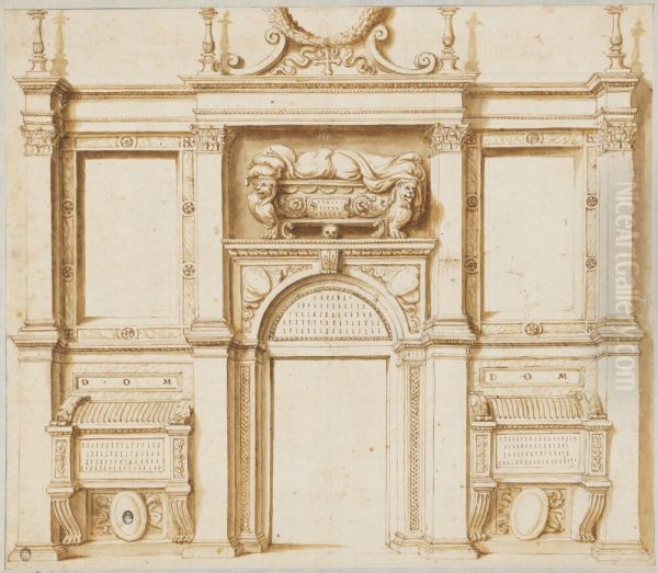 Entrance Wall of a Church with Three Tombs Oil Painting by Giulio Romano (Orbetto)