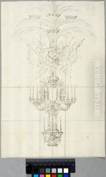 Design for a Pilaster Decoration for a Funeral Shaped Like a Palm with the Three Crowns and a Star Tiara, a Trophy, a Cartouche beneath a Royal Crown and Two Wall Lights Oil Painting by Carl Harleman