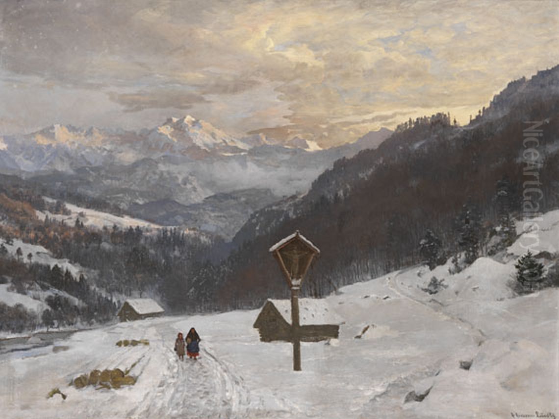 Winter landscape with mountains and a wayside shrine. Oil Painting by Anders Andersen-Lundby