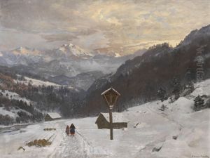 Winter landscape with mountains and a wayside shrine.