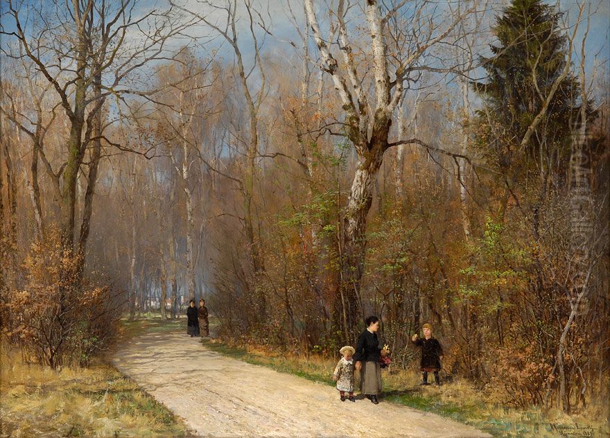An autumn walk in the English Garden of Munich. Oil Painting by Anders Andersen-Lundby