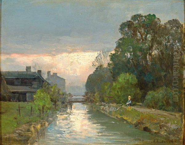 A boy fishing by a river. Oil Painting by Anders Andersen-Lundby