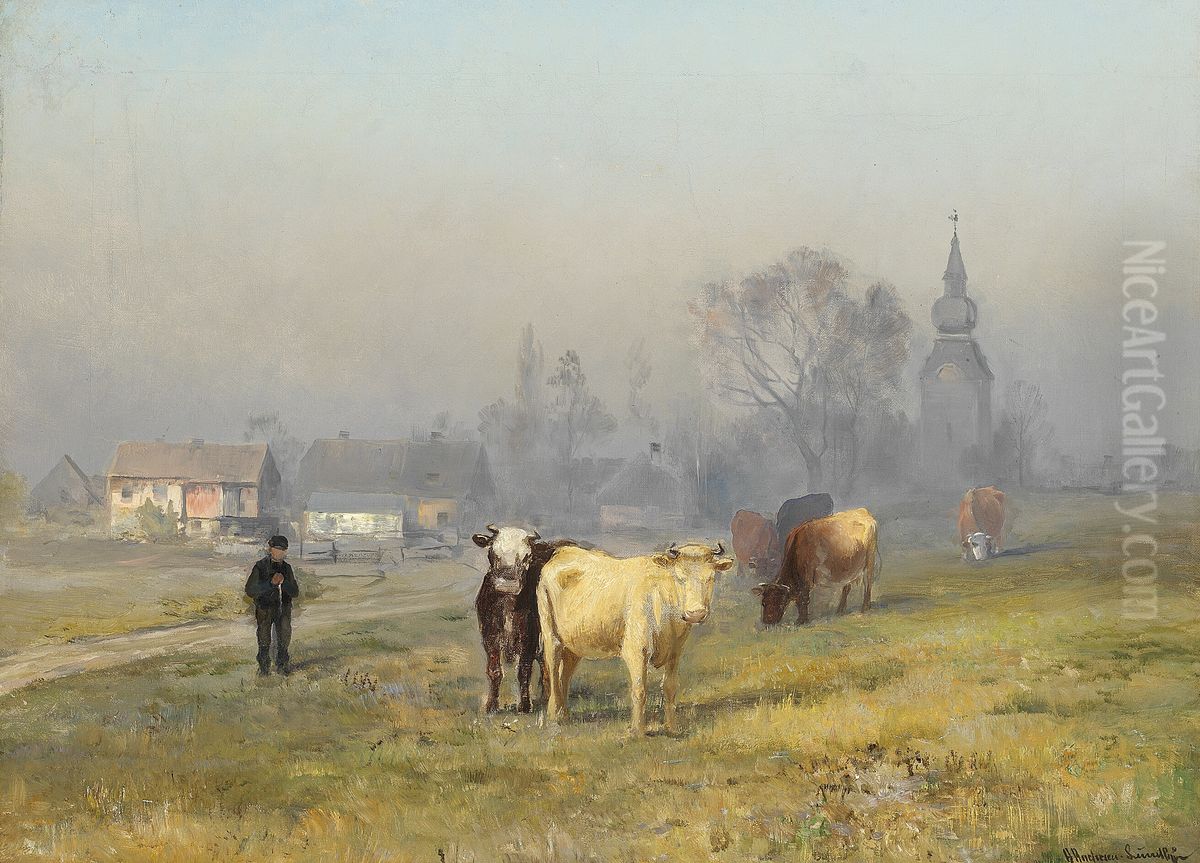 Morning view with cows in a field. Oil Painting by Anders Andersen-Lundby