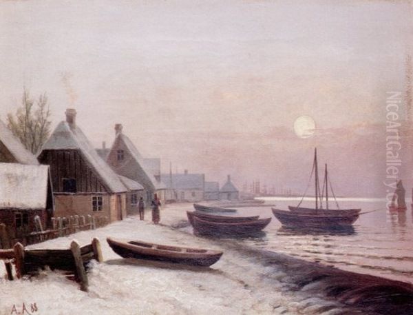 Fishing Boats in Winter Sunlight Oil Painting by Anders Andersen-Lundby
