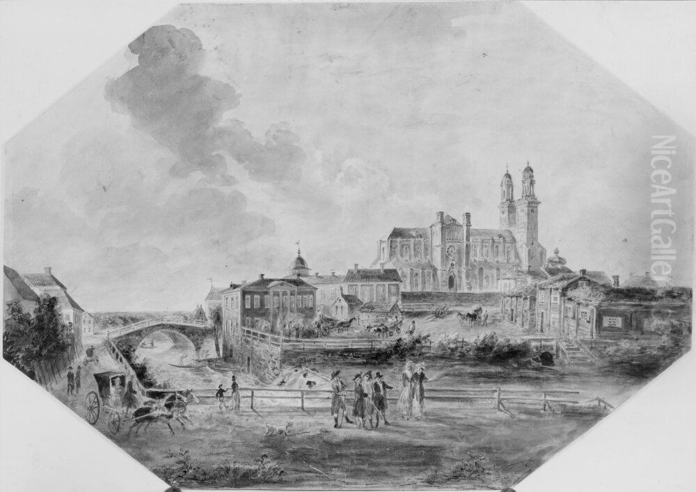 Uppsala domkyrka och vattenfallet Oil Painting by Elias Martin