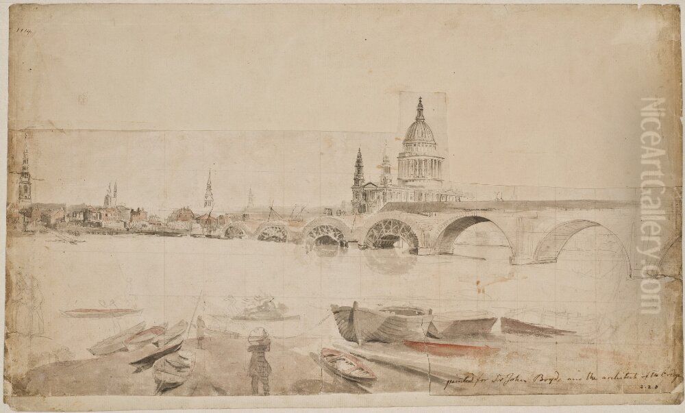 Londonbridge och St. Paul sedda fran sidan av Themsens strand Oil Painting by Elias Martin