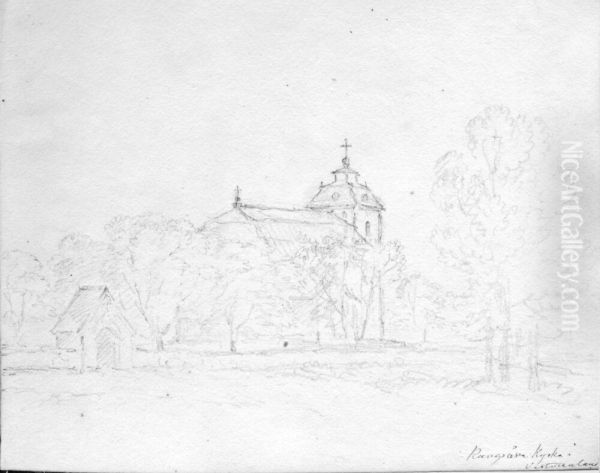 Kungsare kyrka i Vastmanland. Skissbok Oil Painting by Carl Johan Fahlcrantz