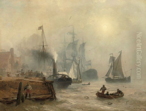 A moored steamer at a busy quay, Holland Oil Painting by Andreas Achenbach