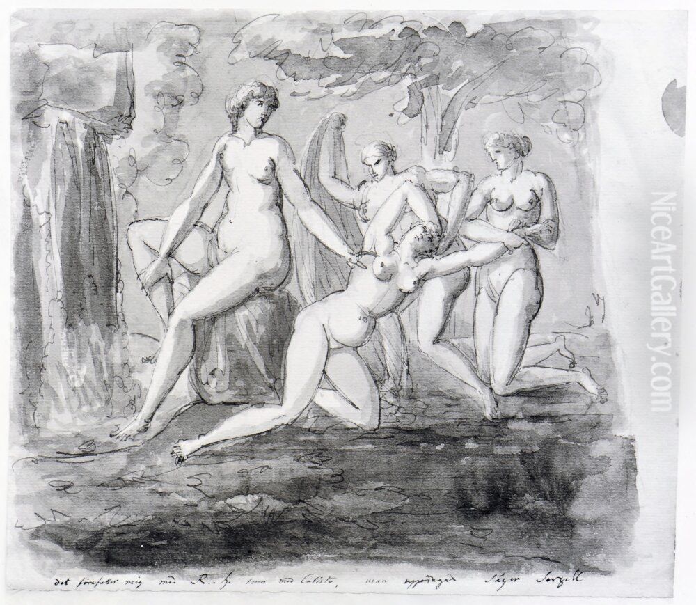 Fyra nymfer i ett landskap Oil Painting by Carl August Ehrensvard