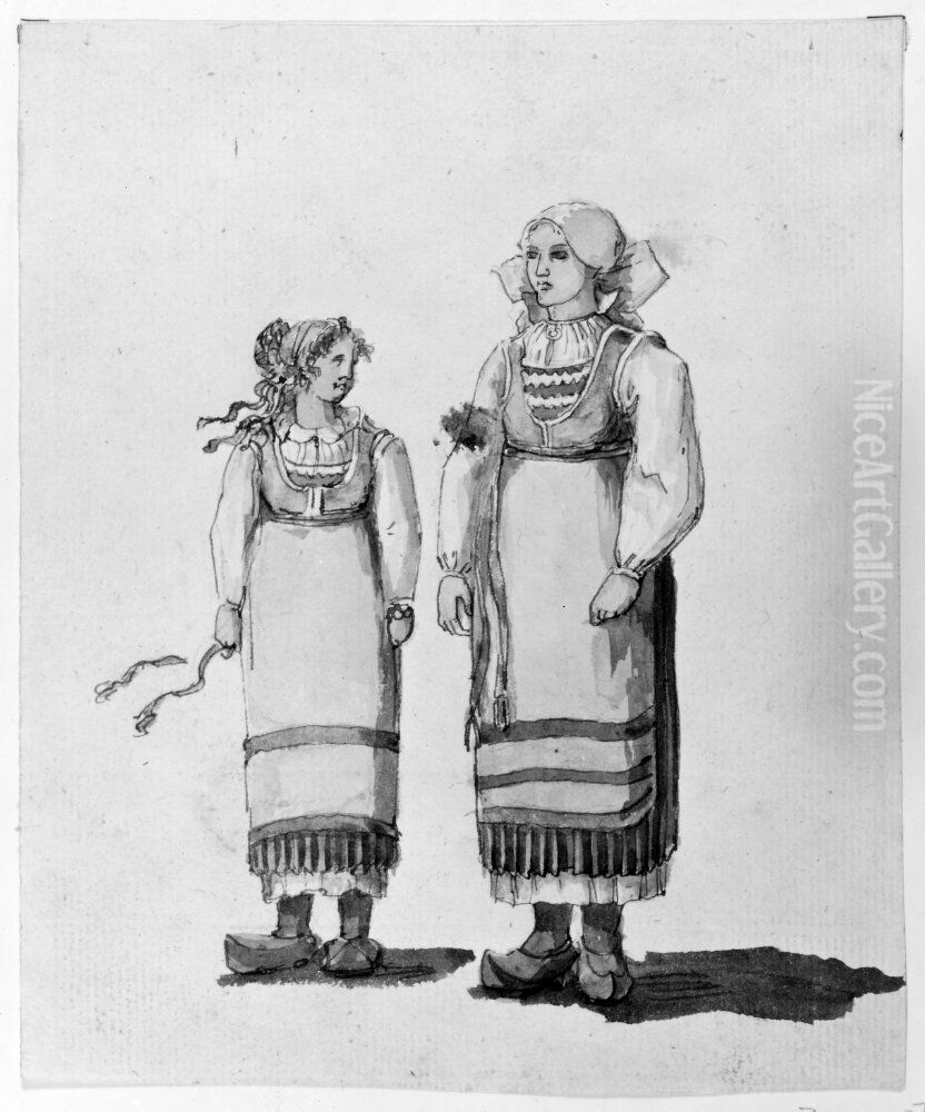 Studie av draktskicket hos bondkvinnor i Skane Oil Painting by Carl August Ehrensvard