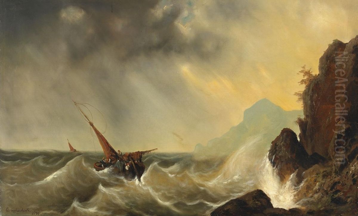 Ship in stormy sea Oil Painting by Andreas Achenbach