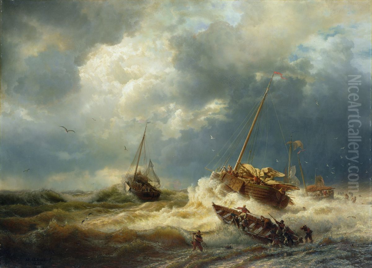 Ships in a storm on the Dutch coast Oil Painting by Andreas Achenbach