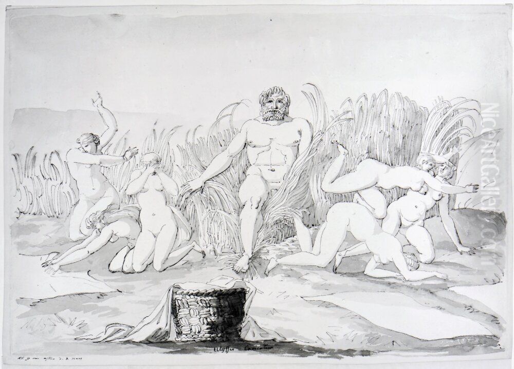 Odysseus och de faiakiska tvatterskorna Oil Painting by Carl August Ehrensvard