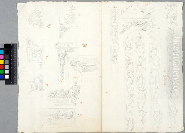Studies of Interior Details at the Chateau de Meudon. Frames of mirrors and paintings, panelling and mouldings Oil Painting by Carl Harleman