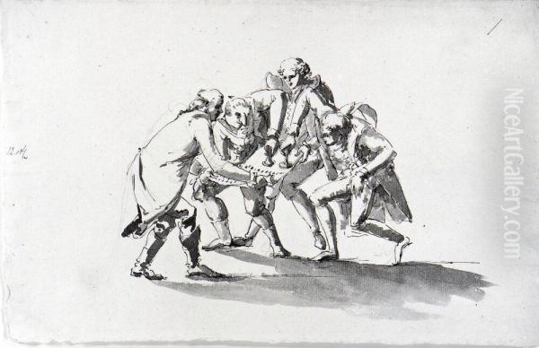Fyra man kring ett papper Oil Painting by Carl August Ehrensvard