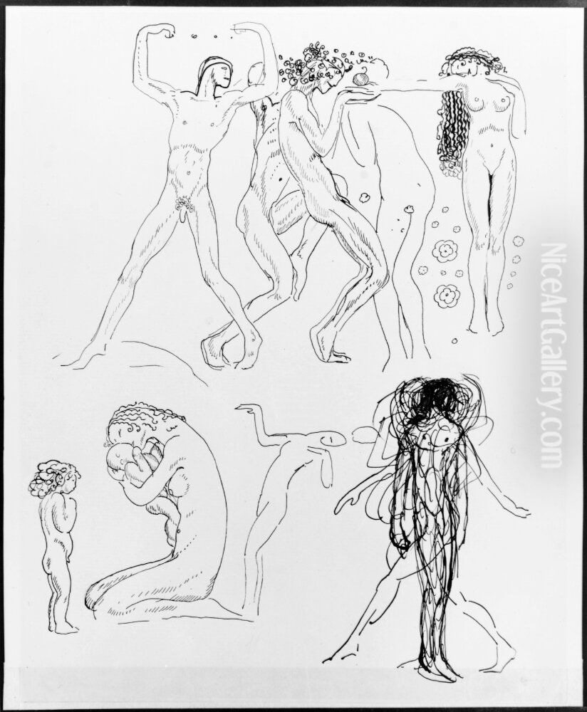 Kompositionsutkast med nakna figurer Oil Painting by John Bauer