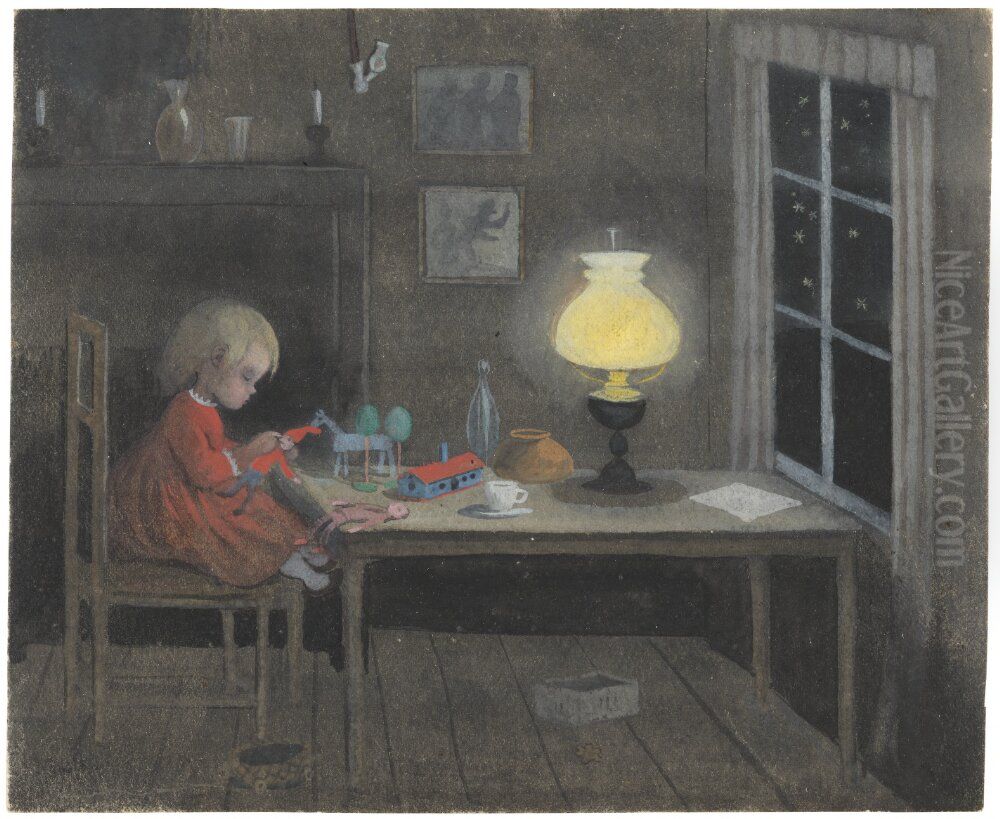 Baby Girl with Toys Oil Painting by Ivar Arosenius