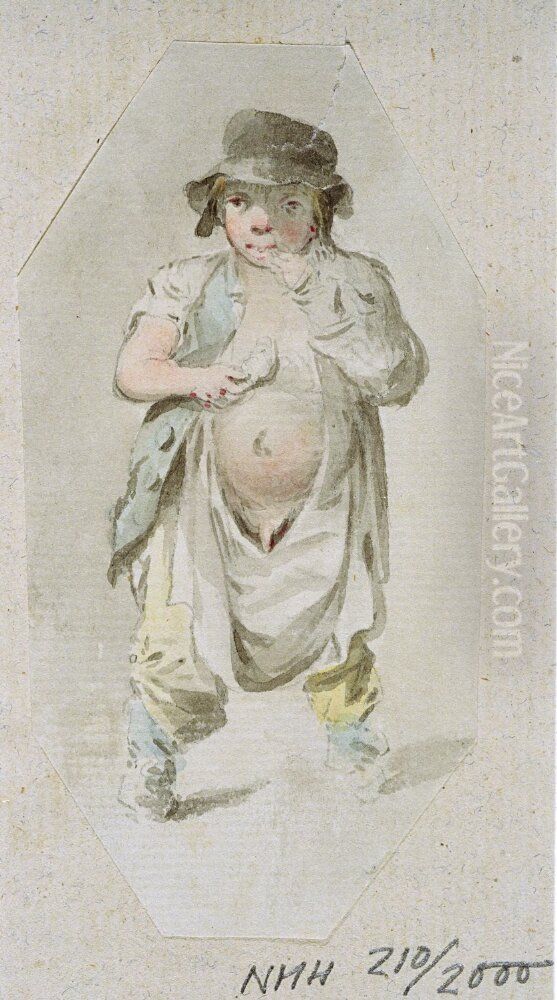 Liten gosse med bredbrattad hatt och nedhasade byxor Oil Painting by Johan Fredric Martin