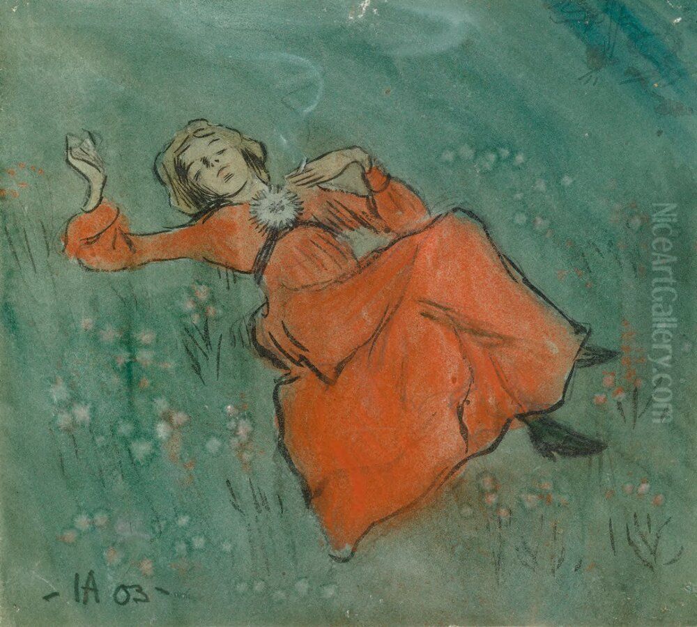 Kvinna vilande i graset Oil Painting by Ivar Arosenius