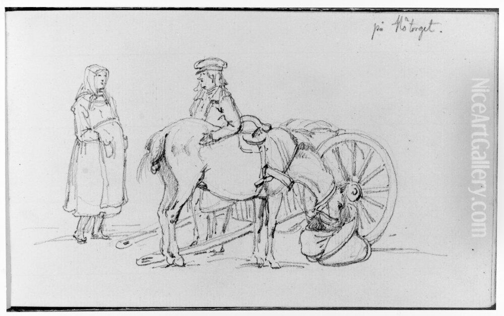 Skissbok, 42 blad med landskap, batar, folk, hastar Oil Painting by Alexander Wetterling