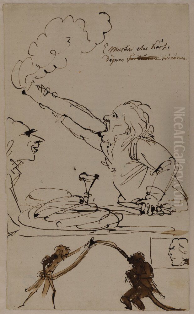 Elias Martin Eating Sausage. Desprez Surprised Oil Painting by Johan Tobias Sergel