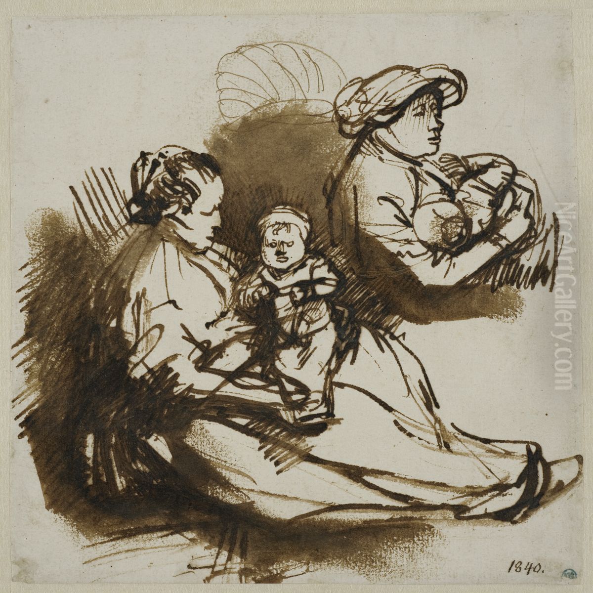 Skiss av tva kvinnor med varsitt spadbarn i famnen Oil Painting by Rembrandt