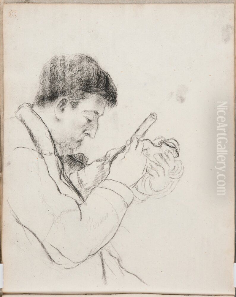 Portrait of Paul Gauguin chiselling on a statuette (Sheet 22 verso of Paul Gauguin's sketchbook) Oil Painting by Camille Pissarro