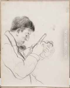 Portrait of Paul Gauguin chiselling on a statuette (Sheet 22 verso of Paul Gauguin's sketchbook)