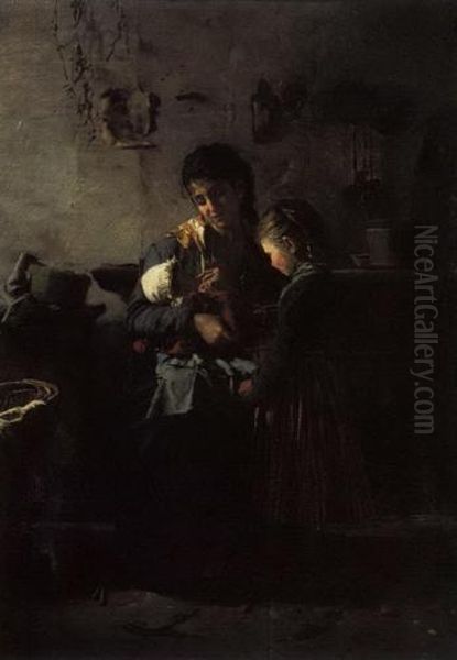 Madre con i suoi bambini in un interno Oil Painting by Luigi Nono