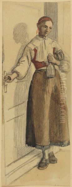 Study of a Woman at a Door, Study for Churchgoers Arriving at Leksand Oil Painting by Wilhelm Marstrand
