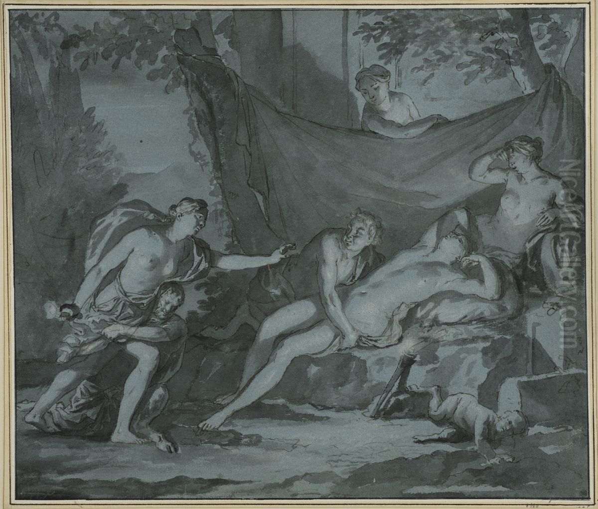 Satyrer overraskar nakna kvinnor Oil Painting by Nikolaas Verkolje