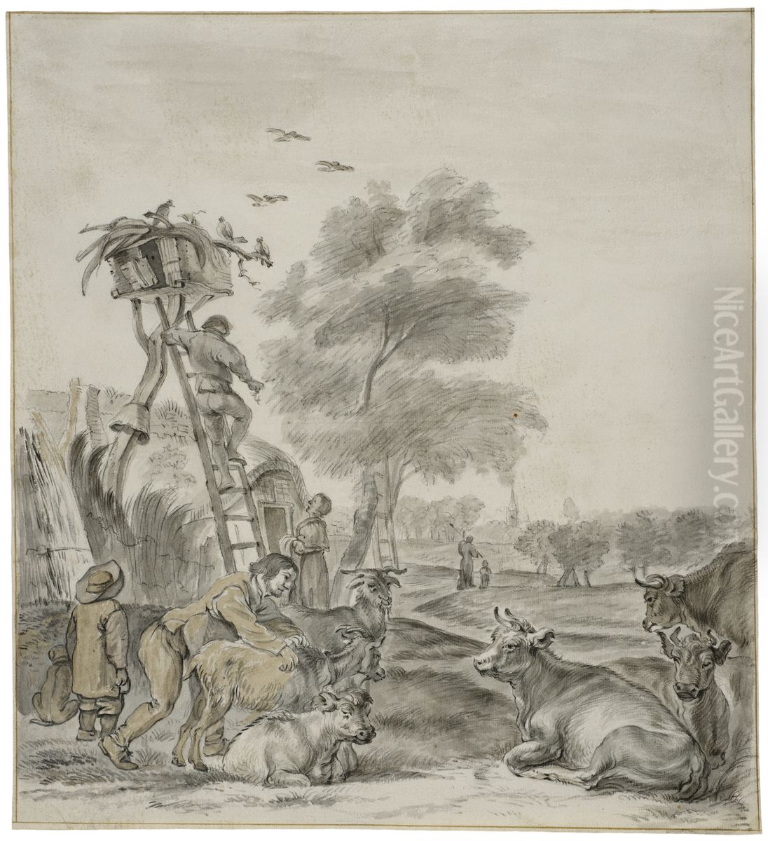 Bonder och boskap framfor en stuga Oil Painting by Cornelis Saftleven