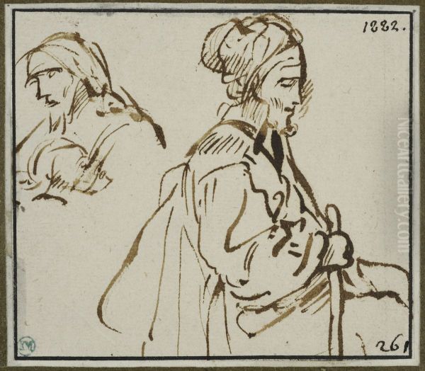 Skaggig gammal man med en stav, och bysten av en annan man Oil Painting by Rembrandt