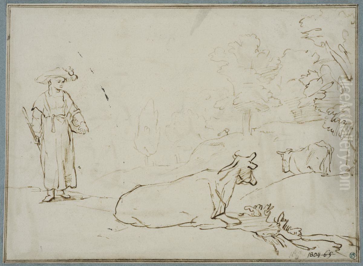 Bondkvinna med tva kor Oil Painting by Rembrandt