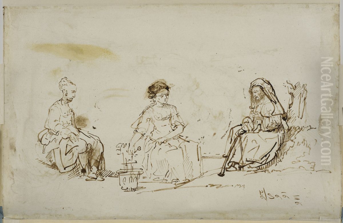 Tre kvinnor i ett landskap Oil Painting by Rembrandt
