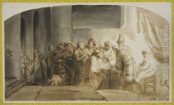 Judas mottar de trettio silverpenningarna Oil Painting by Rembrandt