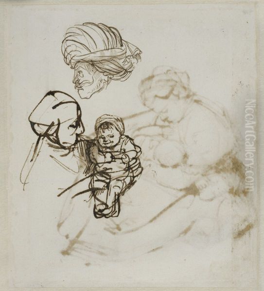 Kvinna som haller ett barn, och huvudet av en man med turban Oil Painting by Rembrandt