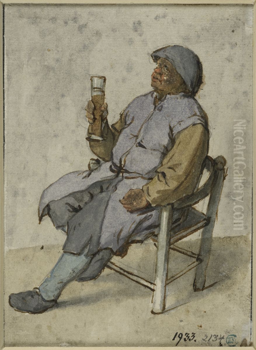 Sittande man som lutar sig bakat och haller ett olglas Oil Painting by Adriaen van Ostade