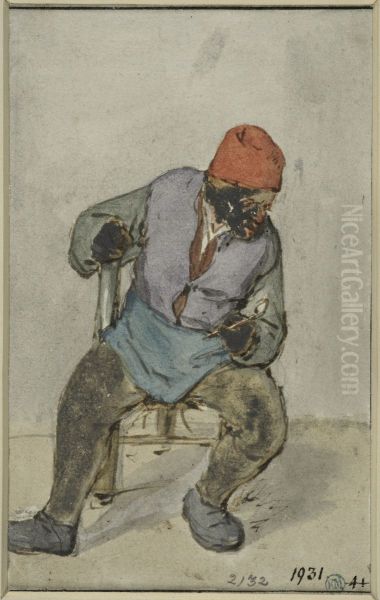 Sittande man med en pipa, bojd framat Oil Painting by Adriaen van Ostade