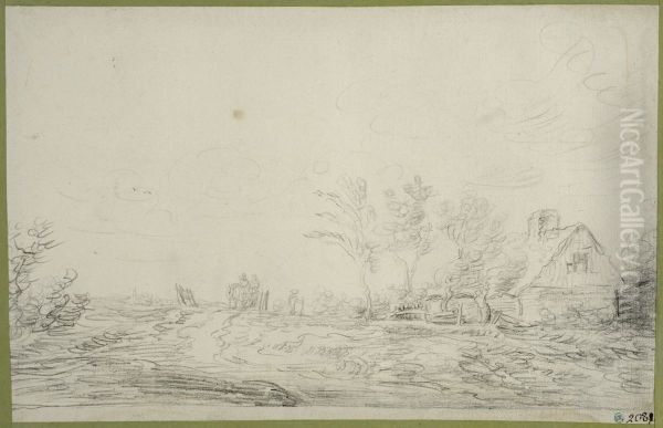 Landskap med en vag och hus Oil Painting by Francois Van Knibbergen